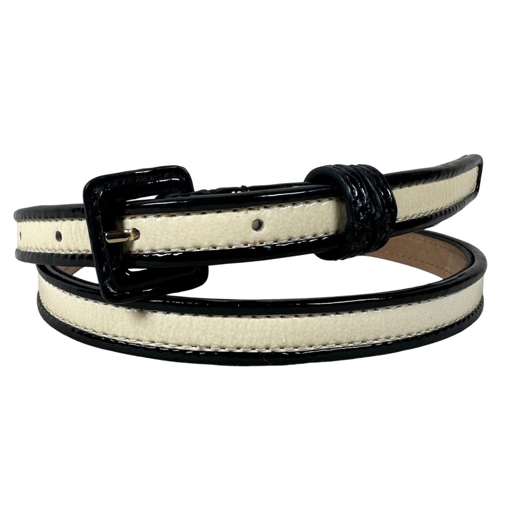Ann Taylor Womens Skinny Patent Leather Belt Black Cream Two Tone Size S Preppy